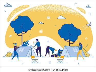 Company of Young People Spend Time at Summer Camp in Deep Forest. Set Up Tent, Collecting Brushwood for Campfire. Men and Woman Friends Hiking on Vacation, Outdoors. Cartoon Flat Vector Illustration