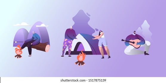 Company of Young People Spend Time at Summer Camp in Deep Forest. Set Up Tent, Playing Guitar at Campfire. Men and Woman Friends Hiking with Backpack on Vacation. Cartoon Flat Vector Illustration