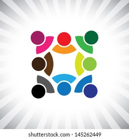 company's business leaders & followers meeting- vector graphic. This illustration can also represent children playing,kids having fun,employee meeting,workers unity & diversity, people community