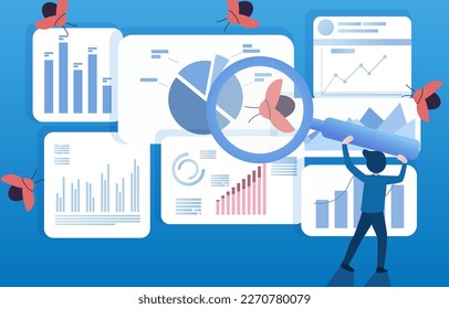 The company's digital systems are threatened by malicious bugs and viruses. This can damage or steal business information. IT team looking at a magnifying glass to find bugs corrupting business data.
