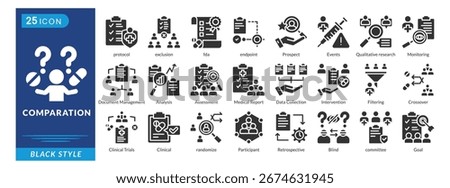 Comparation icon set in black style, featuring Inclusion, Exclusion, FDA Protocols, Endpoints, Monitoring, Events, and Prospects.