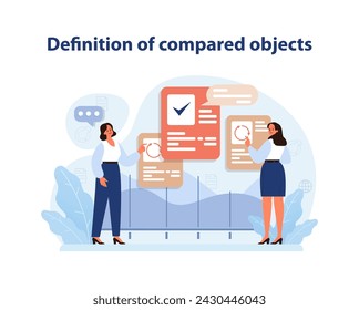 Comparative Benchmarking Vector. Professionals evaluate criteria for benchmarking, defining measurable comparison standards.