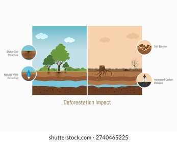 Comparative environmental infographic illustrating the impact of deforestation on soil stability, water retention, erosion, and carbon release, with healthy forest versus degraded land cross section.