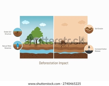 Comparative environmental infographic illustrating the impact of deforestation on soil stability, water retention, erosion, and carbon release, with healthy forest versus degraded land cross section.