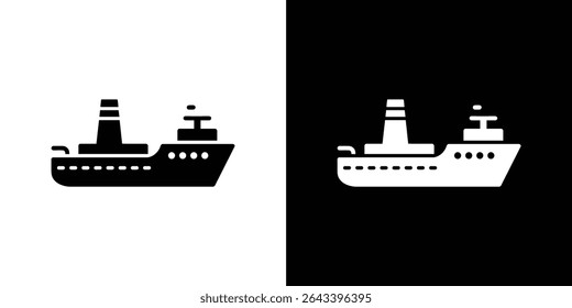 A comparative illustration displaying a simplified ship icon in two variations a black silhouette against a white backdrop and a white silhouette against a black backdrop.