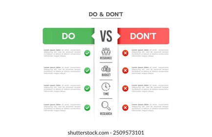 Modelo de design de infográficos comparativo. Faça ou não para Negócios. Apresentação de negócios, estratégia e planejamento. Ilustração vetorial.