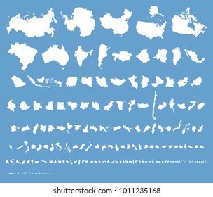 Comparative map of 200+ countries and territories on equal scale. The real size of countries. The true size of over 200 countries and areas on blue background. True size of countries silhouette map. svg