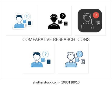 Comparative research method icons set.Lack of method for comparing information.Collection icons in linear, filled, glyph, sticker, chalk styles. Isolated vector illustrations