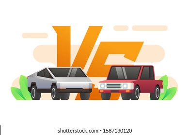 Comparative Test Between Tesla Cyber Truck Versus Regular Truck. Cyber Truck Vector. Futuristic And Modern Autonomous Self Driving Car Truck Illustration Background.