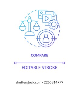 Compare and analyze blue gradient concept icon. Customers research. Content personalization engine abstract idea thin line illustration. Isolated outline drawing. Myriad Pro-Bold fonts used