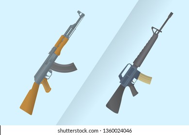compare between america m-16 vs ak-47 russia kalashnikov with modern blue background style - vector illustration