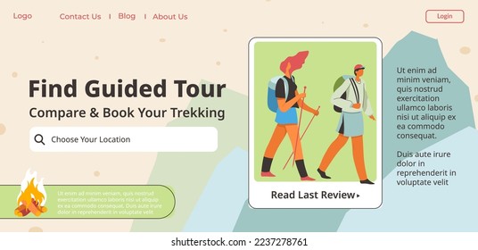 Compare and book trekking, find guided tour and walk by mountains. Summer activities and exploration of ranges with local guide. Website landing page, internet web template. Vector in flat style