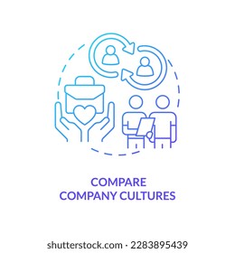 Compare company cultures blue gradient concept icon. Small business merger guide abstract idea thin line illustration. Shared values of employees. Isolated outline drawing. Myriad Pro-Bold font used