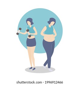 Compare Different Body Shape And Change Before And After Your Workout Exercise Routine,belly Is Protruding And Bloated,After Exercise Fit And Firm Feel Strong,Health Care,vector Illustration.