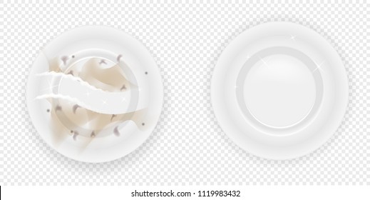 Compare dishes dirty dishes with dishes clean.Realistic dishes on transpatent background