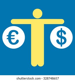 Compare Dollar and Euro vector icon. Style is bicolor flat symbol, yellow and white colors, rounded angles, blue background.