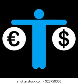 Compare Dollar and Euro vector icon. Style is bicolor flat symbol, blue and white colors, rounded angles, black background.