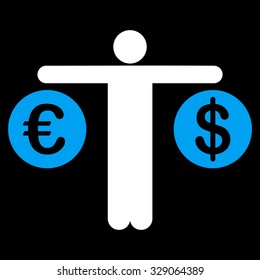 Compare Dollar and Euro vector icon. Style is bicolor flat symbol, blue and white colors, rounded angles, black background.