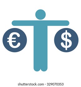 Compare Dollar and Euro vector icon. Style is bicolor flat symbol, cyan and blue colors, rounded angles, white background.