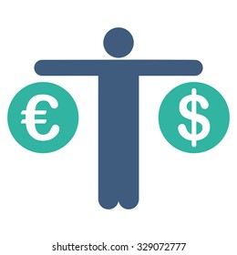 Compare Dollar and Euro vector icon. Style is bicolor flat symbol, cobalt and cyan colors, rounded angles, white background.