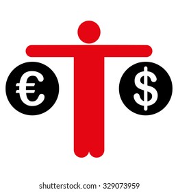 Compare Dollar and Euro vector icon. Style is bicolor flat symbol, intensive red and black colors, rounded angles, white background.