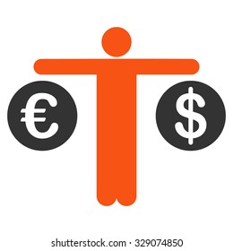 Compare Dollar and Euro vector icon. Style is bicolor flat symbol, orange and gray colors, rounded angles, white background.