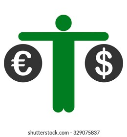 Compare Dollar and Euro vector icon. Style is bicolor flat symbol, green and gray colors, rounded angles, white background.