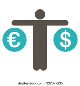 Compare Dollar and Euro vector icon. Style is bicolor flat symbol, grey and cyan colors, rounded angles, white background.