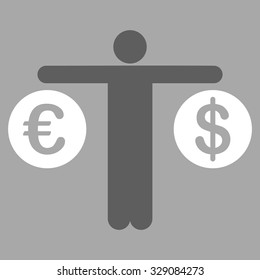 Compare Dollar and Euro vector icon. Style is bicolor flat symbol, dark gray and white colors, rounded angles, silver background.