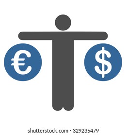 Compare Dollar and Euro vector icon. Style is bicolor flat symbol, cobalt and gray colors, rounded angles, white background.