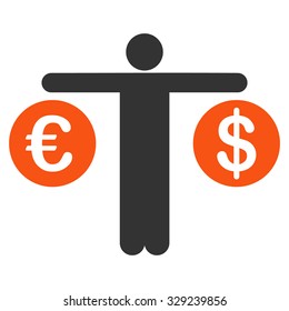 Compare Dollar and Euro vector icon. Style is bicolor flat symbol, orange and gray colors, rounded angles, white background.