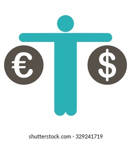 Compare Dollar and Euro vector icon. Style is bicolor flat symbol, grey and cyan colors, rounded angles, white background.