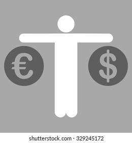 Compare Dollar and Euro vector icon. Style is bicolor flat symbol, dark gray and white colors, rounded angles, silver background.