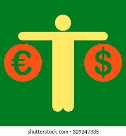 Compare Dollar and Euro vector icon. Style is bicolor flat symbol, orange and yellow colors, rounded angles, green background.