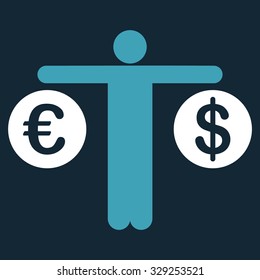 Compare Dollar and Euro vector icon. Style is bicolor flat symbol, blue and white colors, rounded angles, dark blue background.