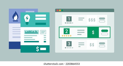 Compare energy and gas prices and suppliers online, save money on household bills concept