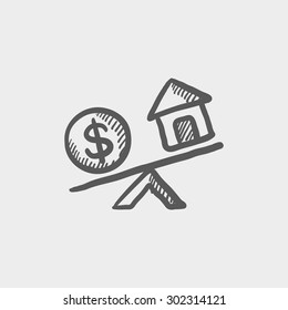 Compare or exchange home to money sketch icon for web and mobile. Hand drawn vector dark grey icon on light grey background.