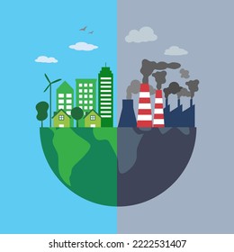 Compare of green ecology planet and environmental pollution in flat design. Save the earth concept vector illustration.