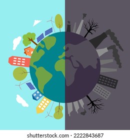 Comparación entre el planeta ecológico y la contaminación ambiental en diseño plano. Guardar la ilustración vectorial del concepto de tierra.