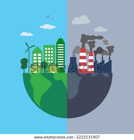 Compare of green ecology planet and environmental pollution in flat design. Save the earth concept vector illustration.