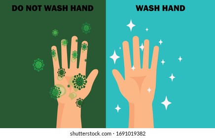 Compare the hand that wash and don't wash as a symbol of protection against viruses and bacteria.There will be a covid-19 virus attached to hand.Vector illustration flat design. 