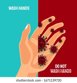 Compare the hands that wash and don't wash. There will be a covid-19 virus attached to your hand.
. Vector illustrate.