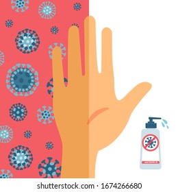 Compara las manos que se lavan y no se lavan. La mitad de la palma está sucia, sin lavarse con coronavirus, la segunda mitad de la mano está limpia después de lavarse con gel de sanitizador. Ilustración plana vectorial.