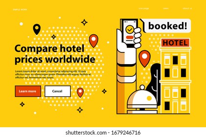 Compare hotel prices worldwide. Hotel booking. Interesting vector web illustration for your projects. Flat line style. Yellow background.