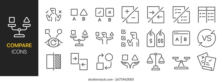 Symbolsatz vergleichen. Es umfasste Vergleich, Vergleich, Skalierung, ab-Test und mehr Symbole. Bearbeitbarer Vektorstrich.