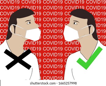 Compare men wearing a mask correctly. And incorrect With a red backdrop And white letters 'covid 19'