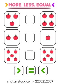 Compare the number of apples. Write the sign more , less, equal. Teaching children. Education for kindergarten