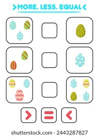 Compare the number of eggs. Write the sign more , less, equal. Teaching children. Education for kindergarten