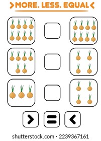 Compare the number of onions. Write the sign more , less, equal. Teaching children. Education for kindergarten.