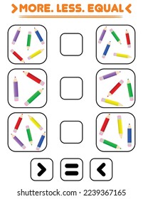Compare the number of pencils. Write the sign more , less, equal. Teaching children. Education for kindergarten.